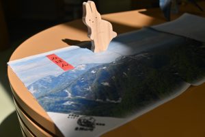 白神山地の山、小岳からのパノラマ写真をてぬぐいにしたものの画像。
