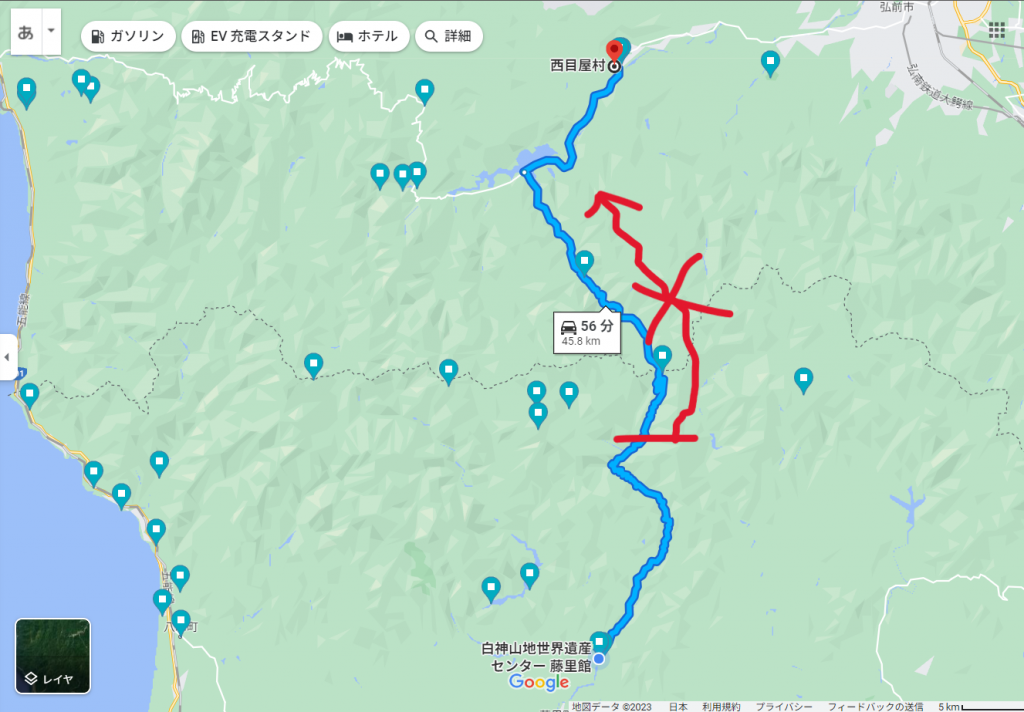 藤里から青森県へは抜けられませんという地図画像