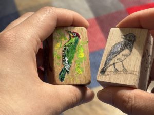 ブナの木の直方体ブロック(バードコール)を両手で持った写真。絵の具や色鉛筆で鳥の絵が描いてある。