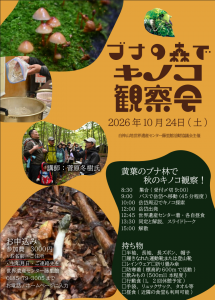 活動風景や過去観察したキノコの写真を掲載しただいだい色のチラシ画像。詳細スケジュールや持ち物はホームページ下記に同様の記載あり。