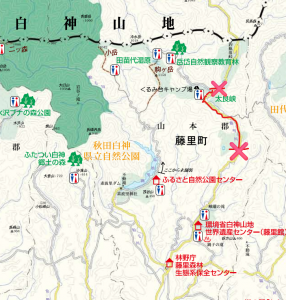 藤里町と白神山地の一部の地図画像。県道317号線一部箇所が赤線で着色され×印が付いている。