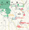 藤里町と白神山地の一部の地図画像。県道317号線一部箇所が赤線で着色され×印が付いている。